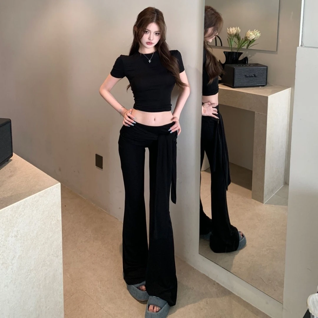 【针织面料柔软亲肤】新款气质修身显瘦针织套装简约休闲短袖T恤绑