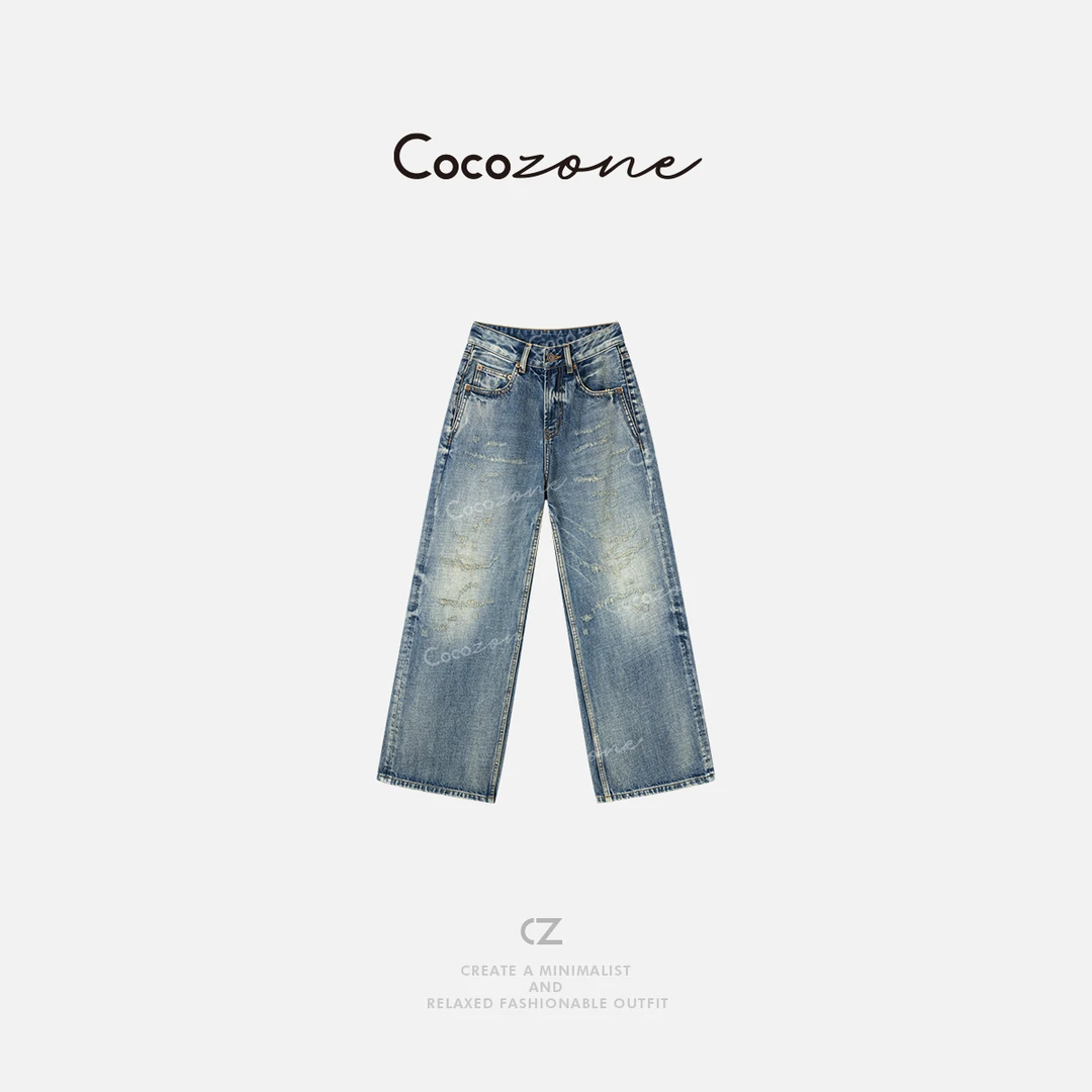 COCO ZONE 刘一一 复古100棉假磨破牛仔裤显瘦直筒裤CC1D2406