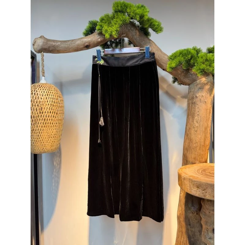 【玄色雅褶】100桑蚕丝秋季新款精致高端大气新中式丝绒半身裙