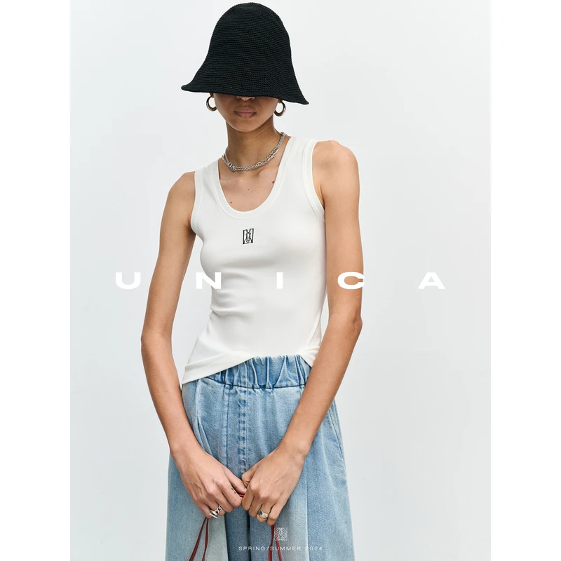 UNICA/全新版小马图腾刺绣背心_舒适弹力螺纹棉时髦无袖上衣女