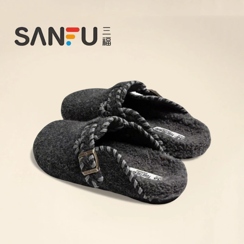 三福加绒包头拖鞋女2025秋冬新款复古加绒厚底勃肯半拖棉鞋毛毛鞋