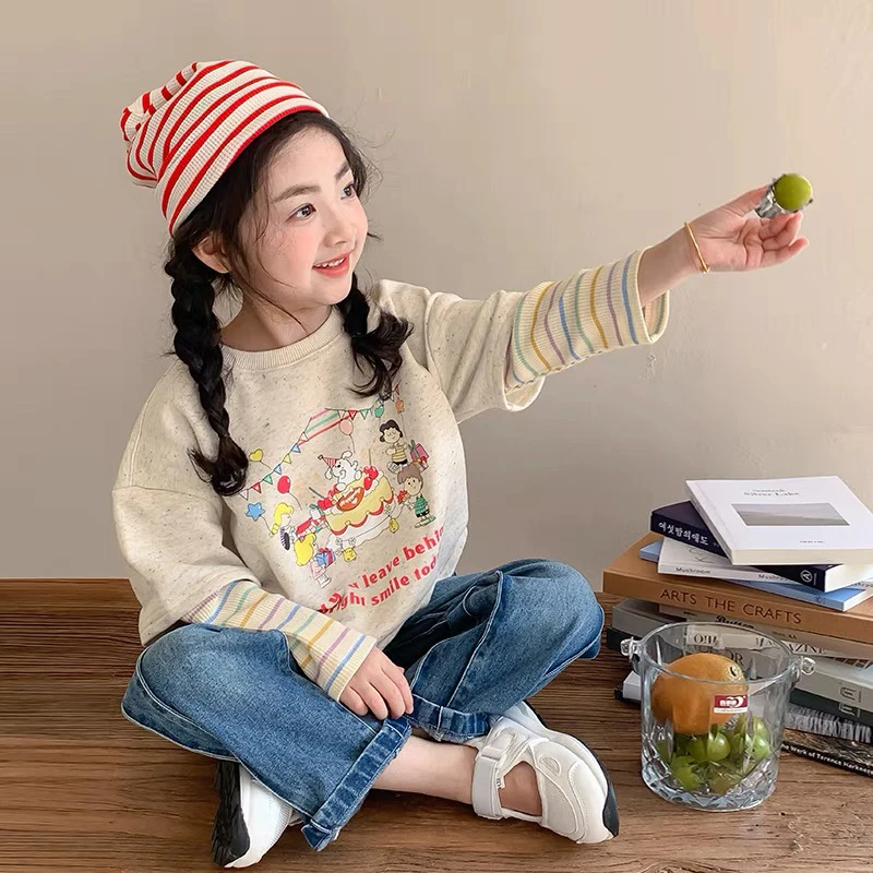 女童假两件T恤2025新款女孩内搭打底衫儿童春秋卫衣条纹拼接上衣