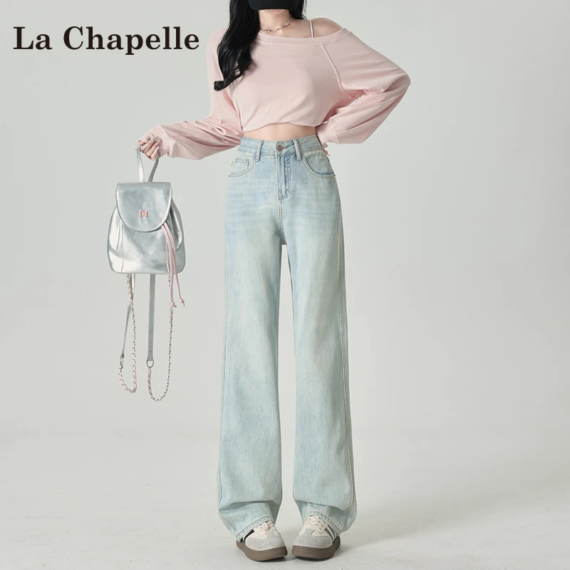 LaChapelle/拉夏贝尔浅色窄版直筒牛仔裤女春女装百搭老钱风女装