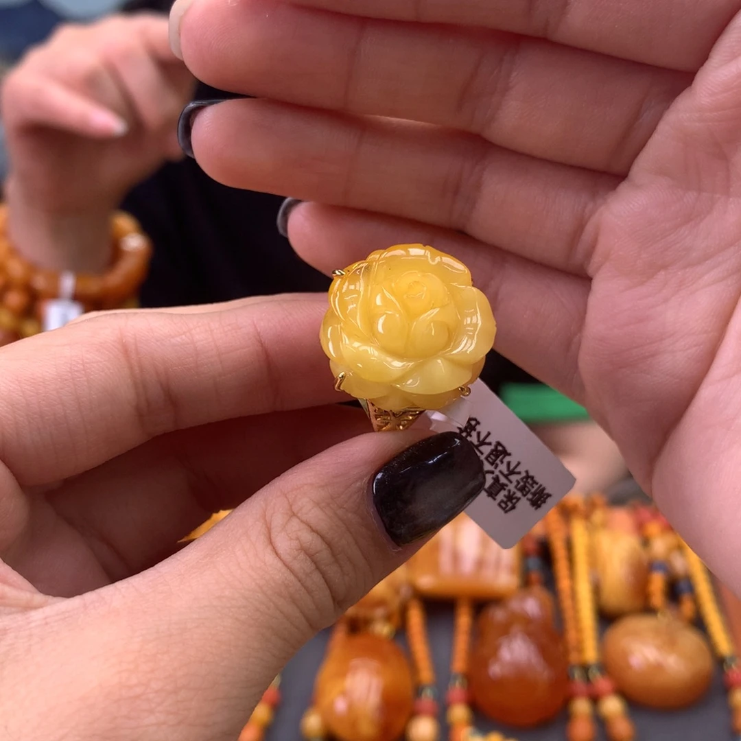 蜜蜡银S925镶嵌戒指天然
