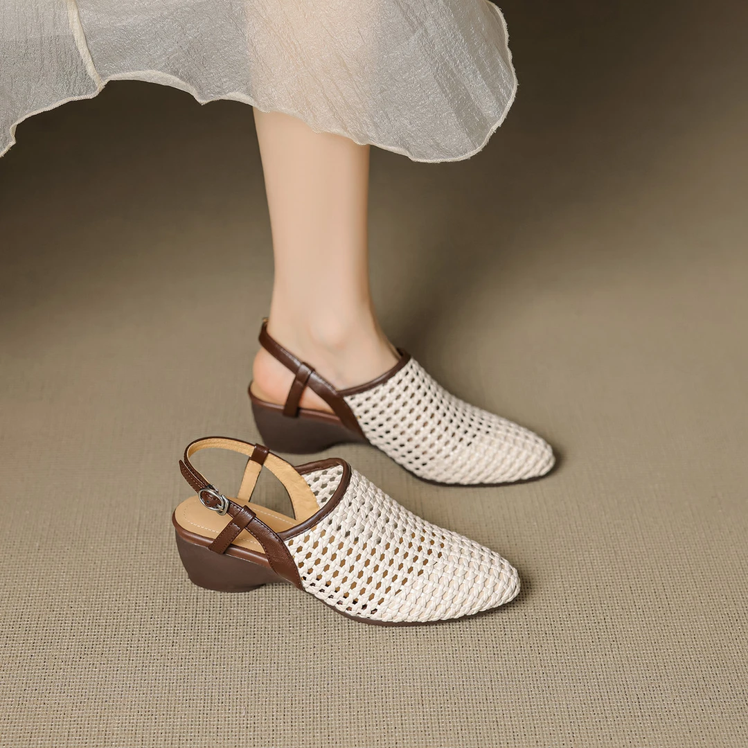 娇文希简约通勤包头凉鞋女夏季女鞋复古编织镂空猪笼鞋坡跟高跟鞋