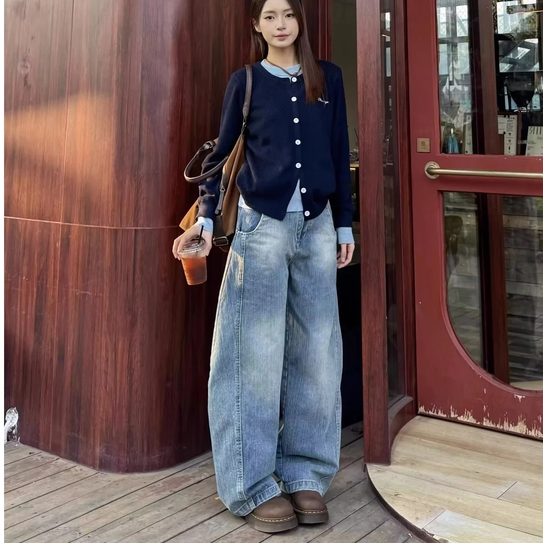 竹节解构宽松弯刀牛仔裤女美式复古水洗阔腿新款田栩宁同款牛仔裤