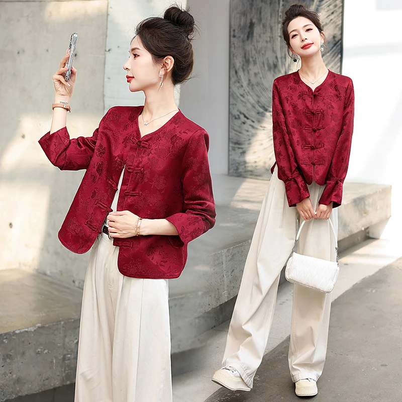 新中式风唐装上衣女2025春装新款气质复古红色盘扣缎面提花外套