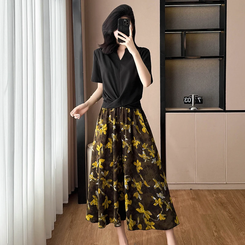 时尚套装短袖上衣+裤裙子两件套大码女装胖mm夏季新款阔太太显瘦