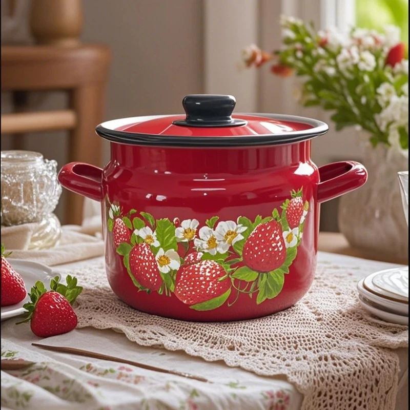 2L搪瓷双耳猪油罐厨房香料收纳2025新款带盖家用复古泡面锅小炖锅