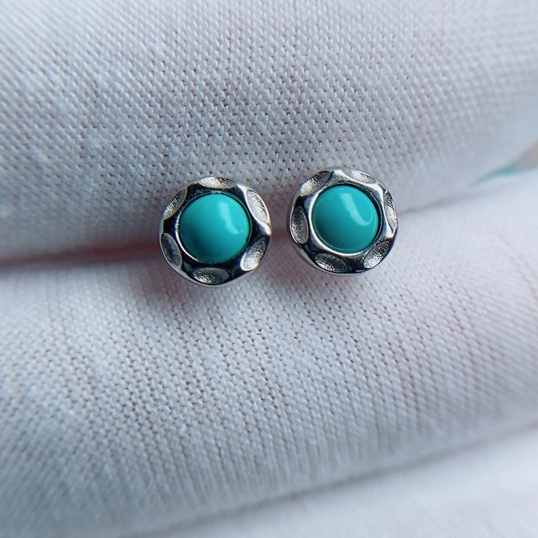 绿松石银S925镶嵌耳钉