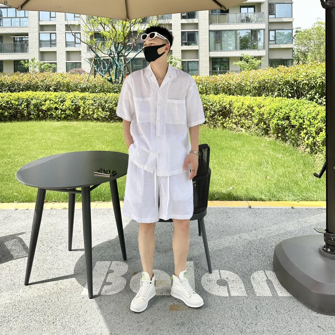 DIIIVERGOM2025夏季时尚工装透气亚麻短袖衬衫套装男宽松休闲百搭