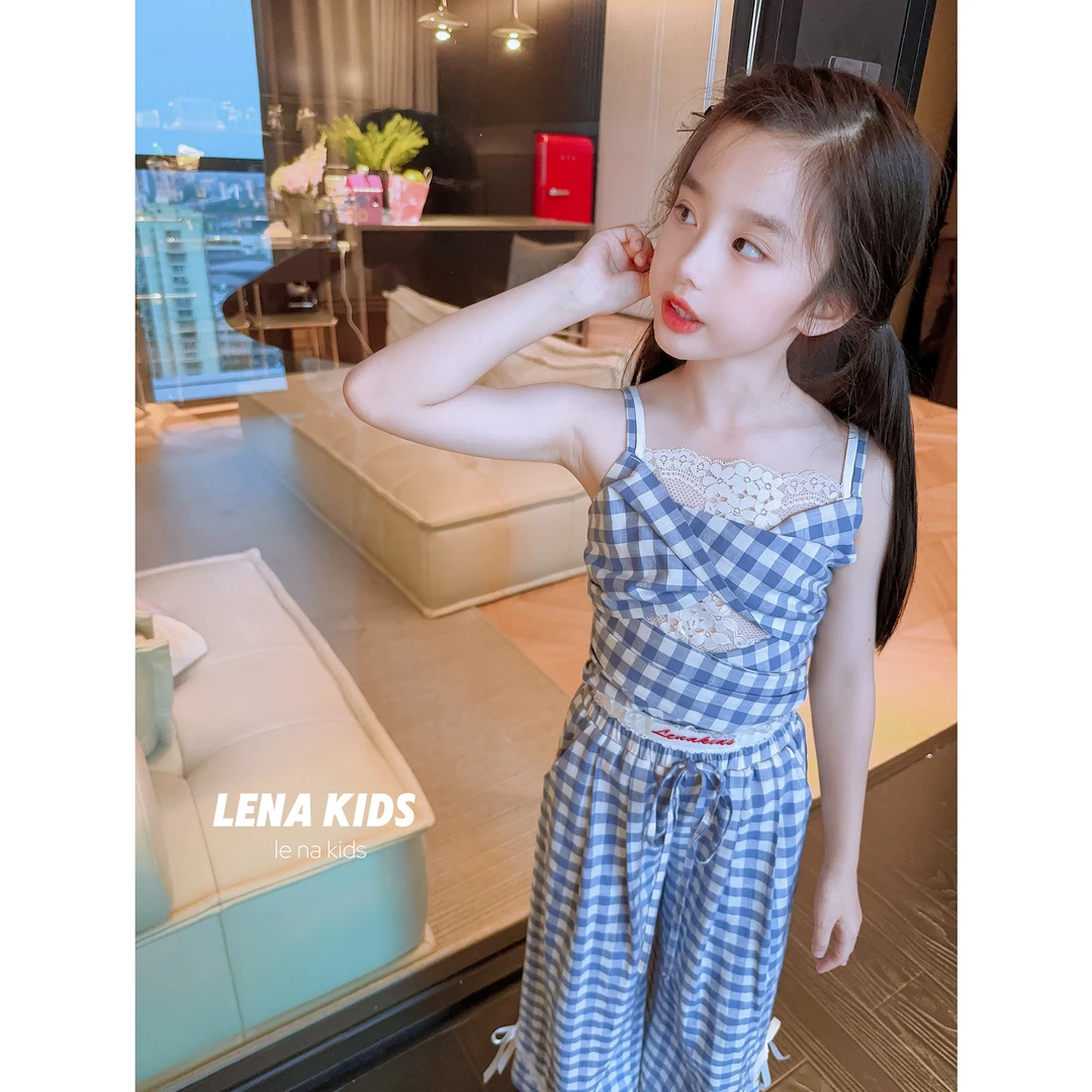 Lenakids【现货】气质格子蕾丝吊带上衣长裤套装女宝24062403