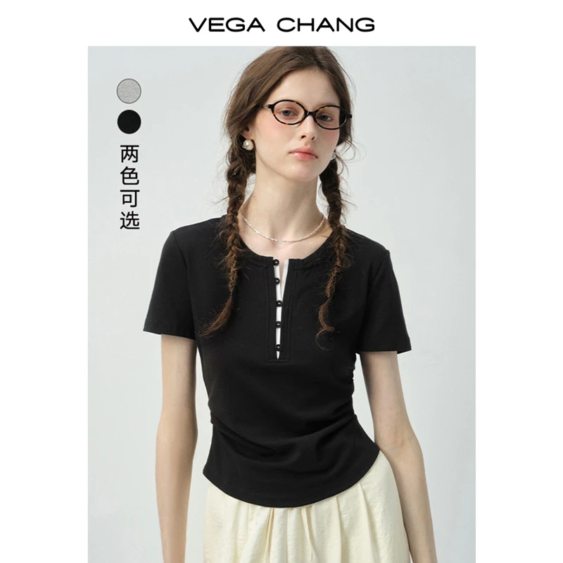 VEGA CHANG短袖女t恤2026新款夏 亨利领纽扣修身正肩上衣0853LW