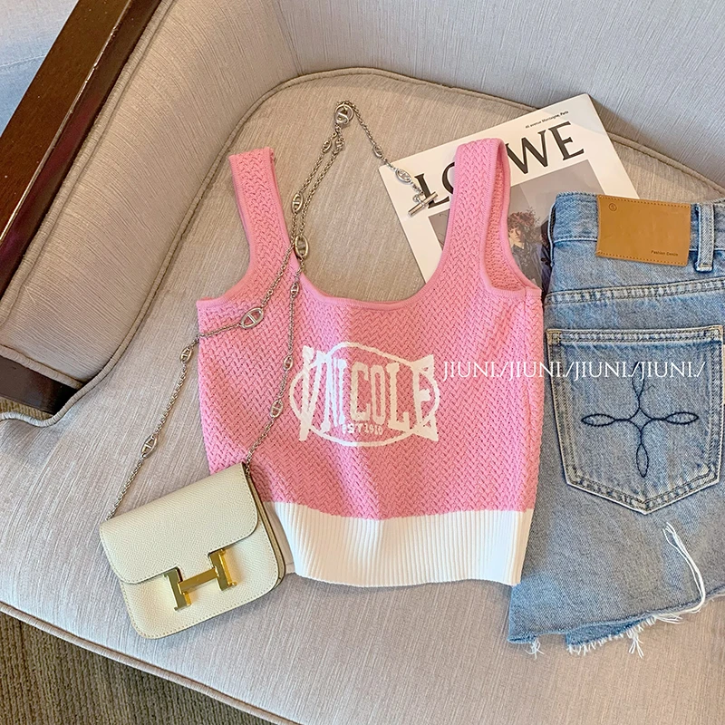 设计感撞色印花吊带背心女外穿2025新款甜辣妹修身显瘦针织短上衣