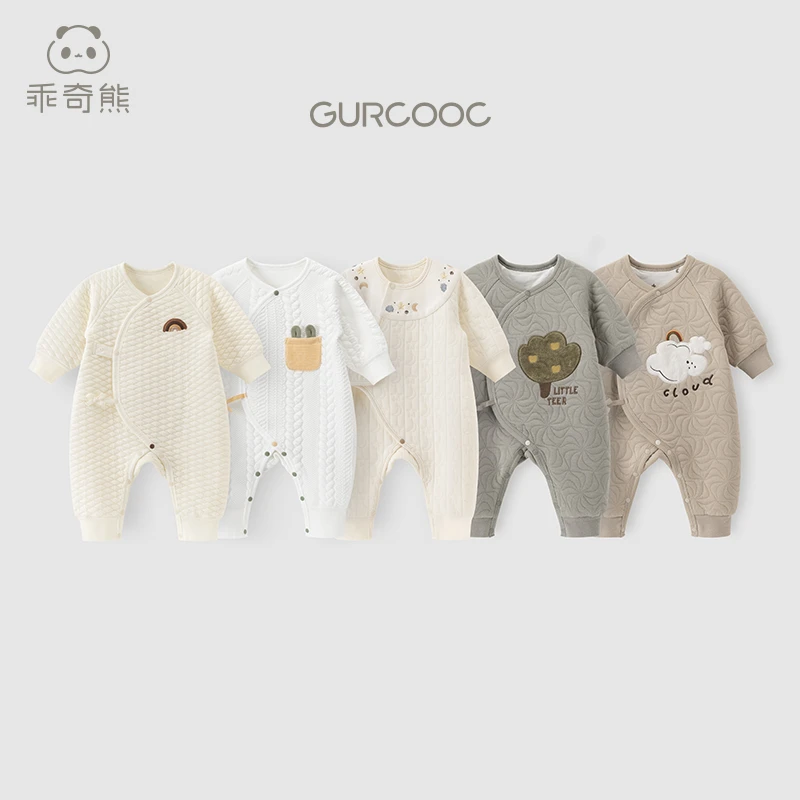 乖奇熊新生儿宝宝连体哈衣夹丝秋冬季保暖婴儿睡衣和尚服德绒发热