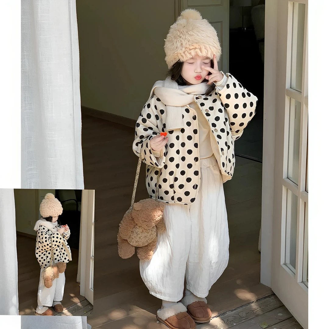 韩系女童圆点短款棉衣冬女宝宝洋气圆领宽松棉服儿童加厚保暖外套