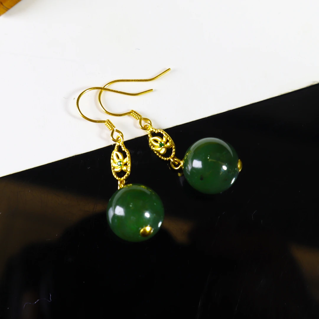 【周年庆限定】S925银丨天然和田玉碧玉圆珠耳环丨多样性发一