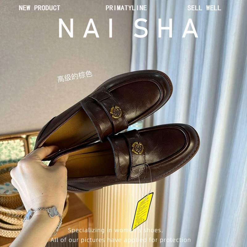 山茶花复古一脚蹬小皮鞋百搭复古通勤休闲乐福单鞋秋冬加绒42大码