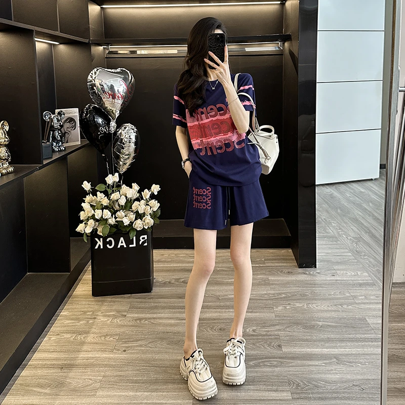 夏季新款女装时尚印花休闲运动套装宽松凉爽显瘦短袖短裤两件套潮