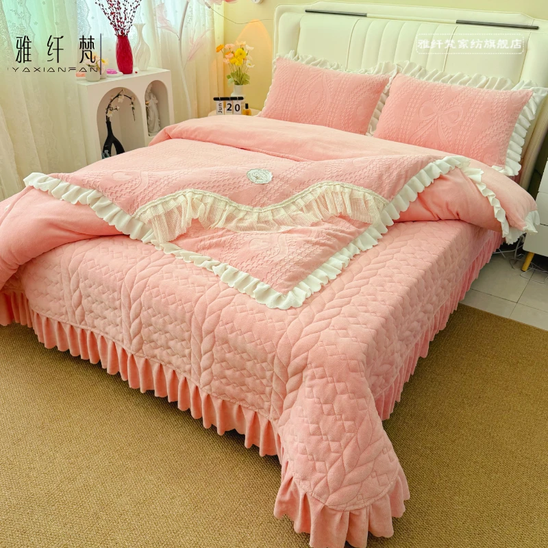 （床盖款）冬季加厚保暖牛奶绒雕花床盖四件套夹棉双面加绒公主风
