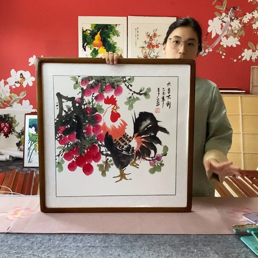 国画手写手绘国画作品带框包邮62✖️62
