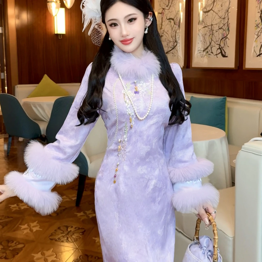【媛珠 风靡万千】重工狐狸毛领紫色时尚套装秋冬收腰国风修身