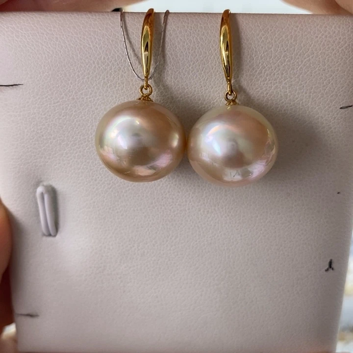 18K金镶嵌海水珍珠耳饰干枯澳白14-15m m