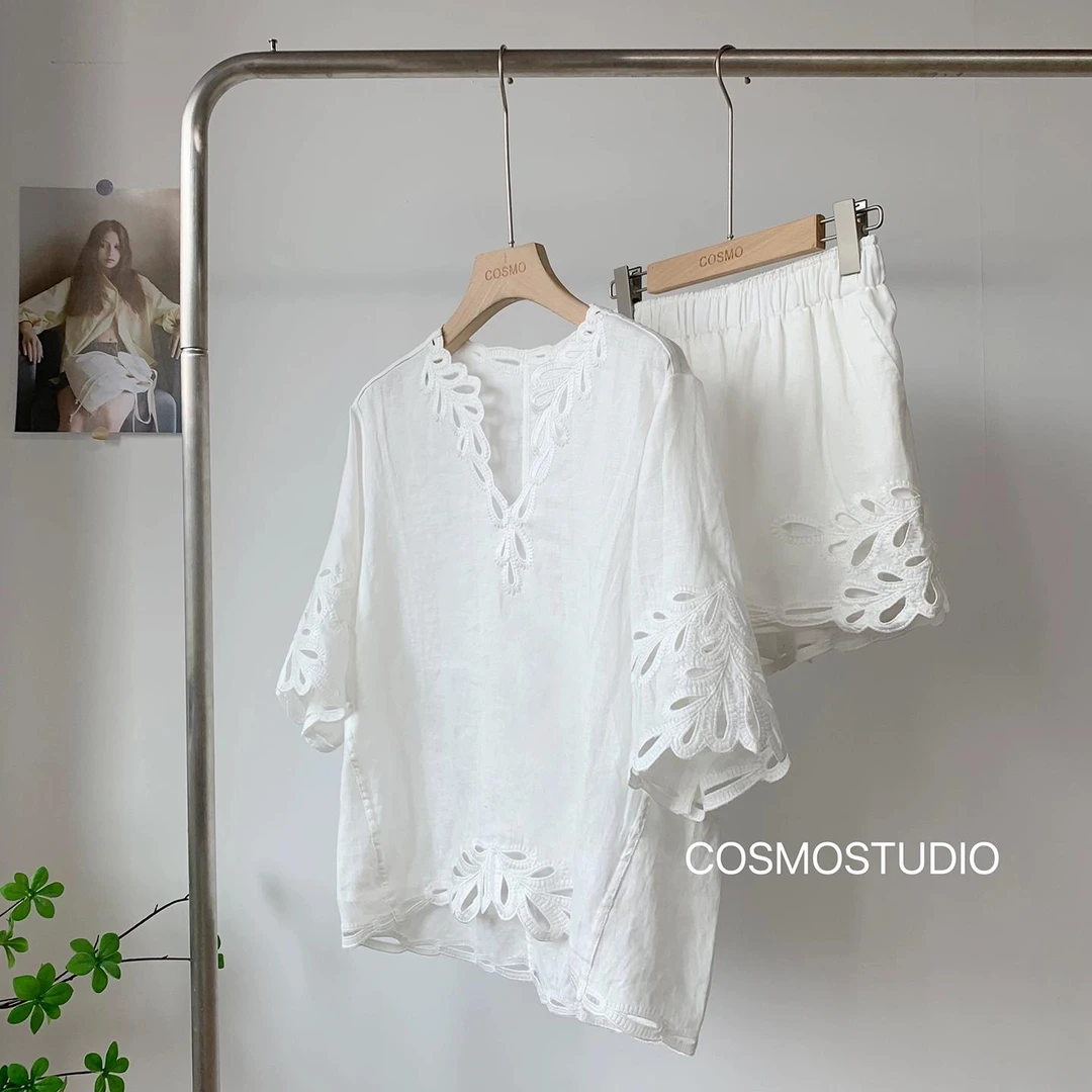 度假松弛感镂空刺绣100%亚麻套装女夏短袖短裤两件套老钱风慵懒感