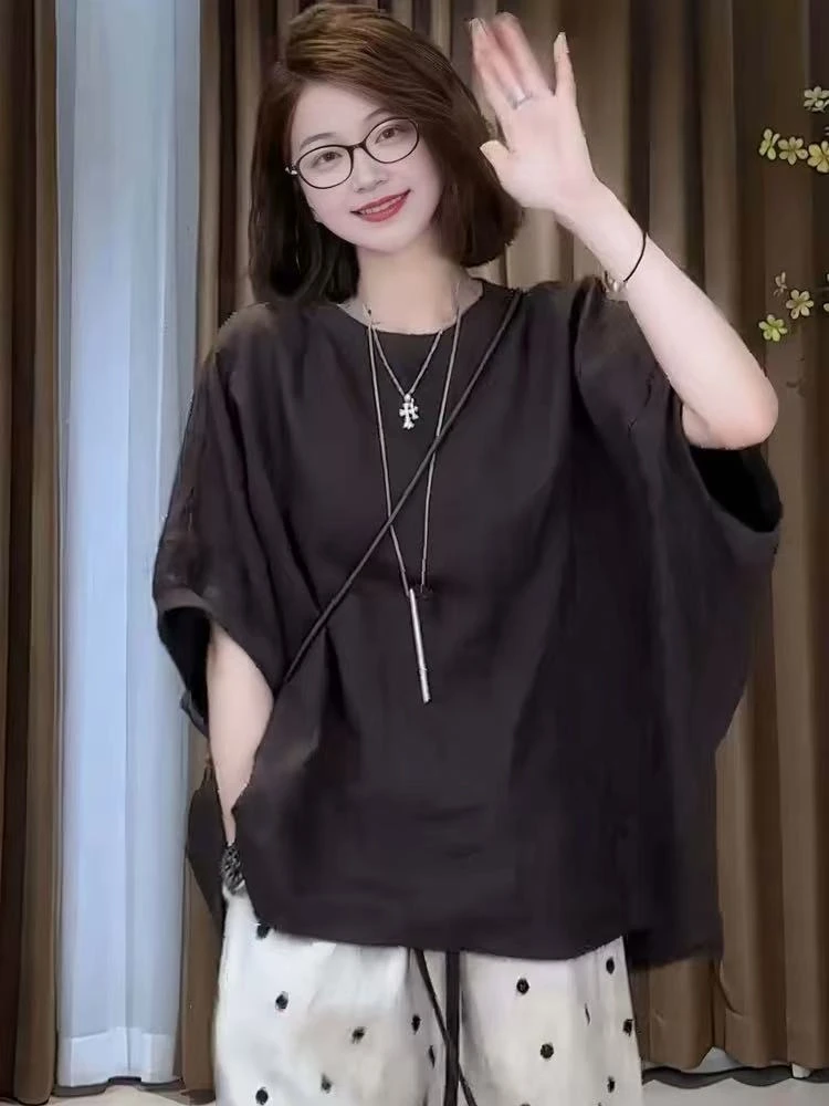 简约老钱风设计感蝙蝠袖短袖T恤女2025夏季大码胖MM百搭显瘦宽松