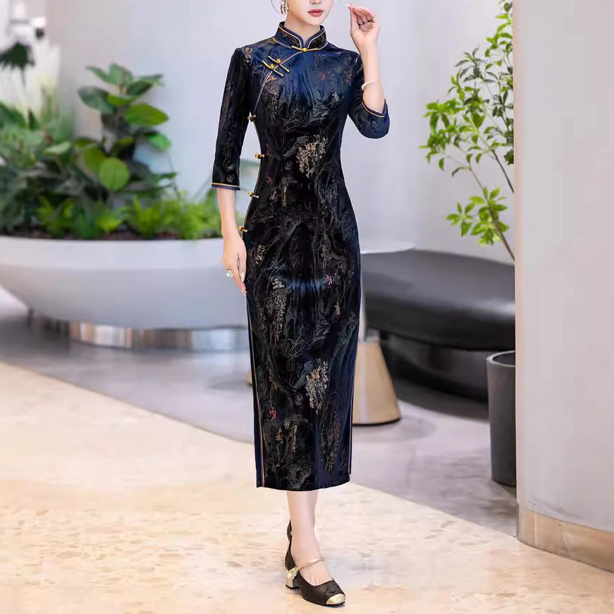 中袖改良2025秋季复古风优雅时尚中式提花气质修身显瘦连衣裙旗袍