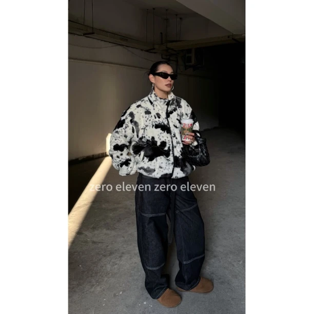 【特价NO退NO换】洋气立领奶牛宽松夹棉保暖仿马毛休闲外套ZHD4409