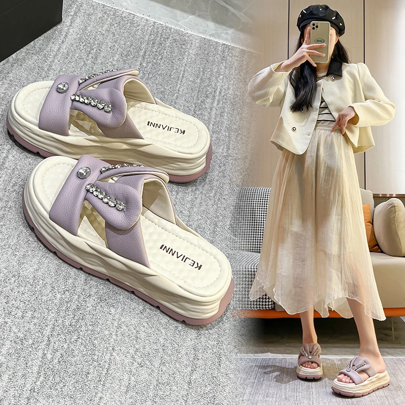 松糕厚底拖鞋女外穿2025夏季新款水钻一字拖百搭休闲增高沙滩凉拖