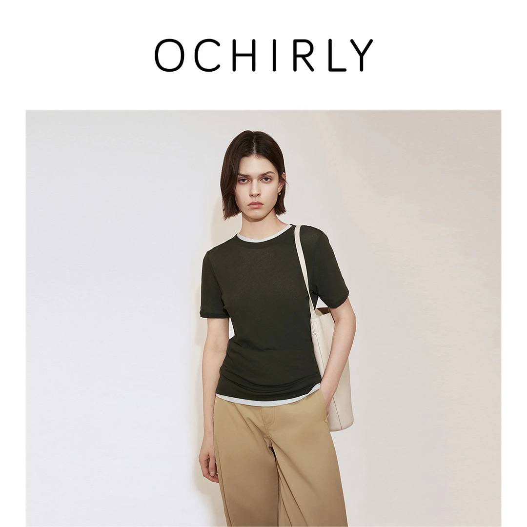 ochirly欧时力 100%高支长绒棉短袖t恤两件套女正肩秋季新品