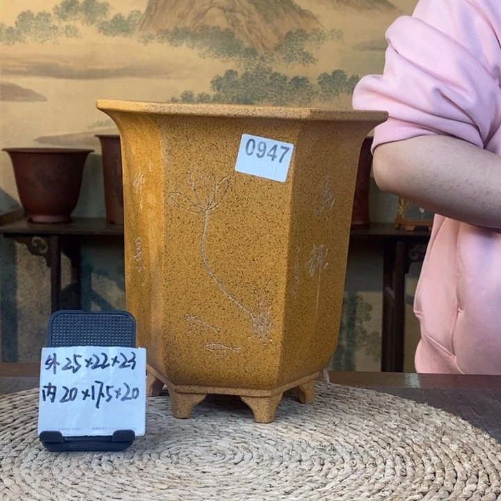紫砂花盆  柴烧大号宫灯六方0947