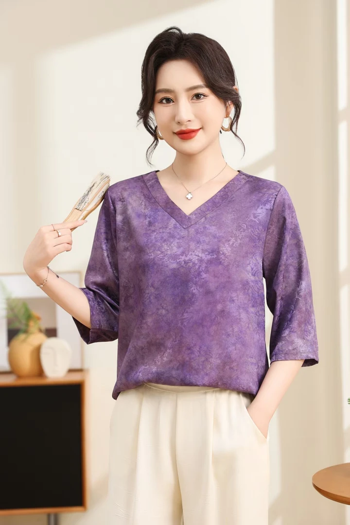 新款女装宽松中长袖刻丝提花高端小衫上衣