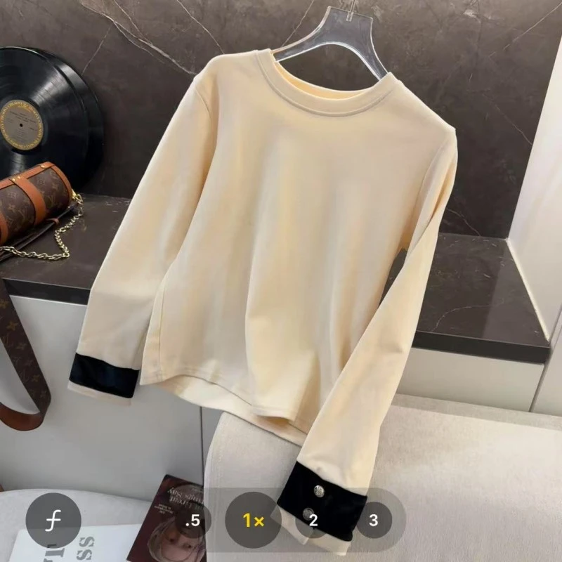 【萍萍推荐】冬季 圆领丝绒拼接袖撞色磨毛上衣时尚弹力绒感打底T