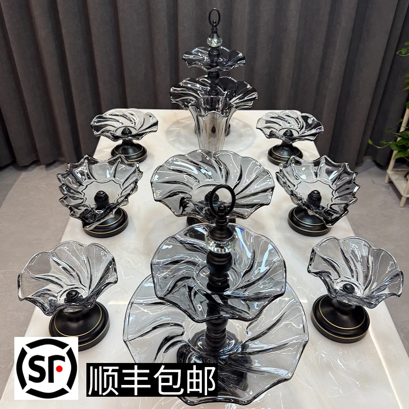 ZG/中歌【新疆包邮】12头黑扫金玻璃金属轻奢果盘餐具组高档民族风