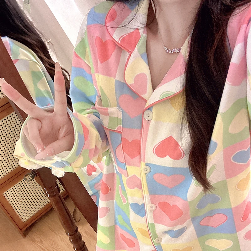 德绒七彩爱心睡衣女秋冬季少女心长袖长裤韩版加厚保暖家居服套装
