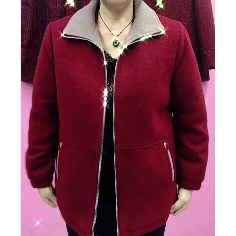 秋冬新款时尚加绒中老年妈妈翻领外套