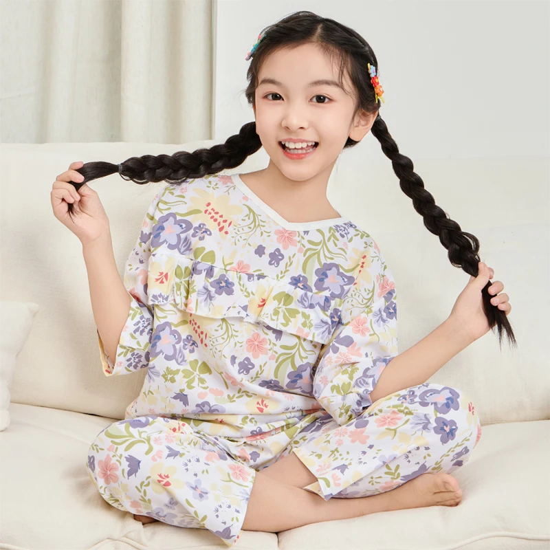 2025新款女童睡衣夏季薄款宽松儿童小女孩夏天女宝棉绸睡衣家居服