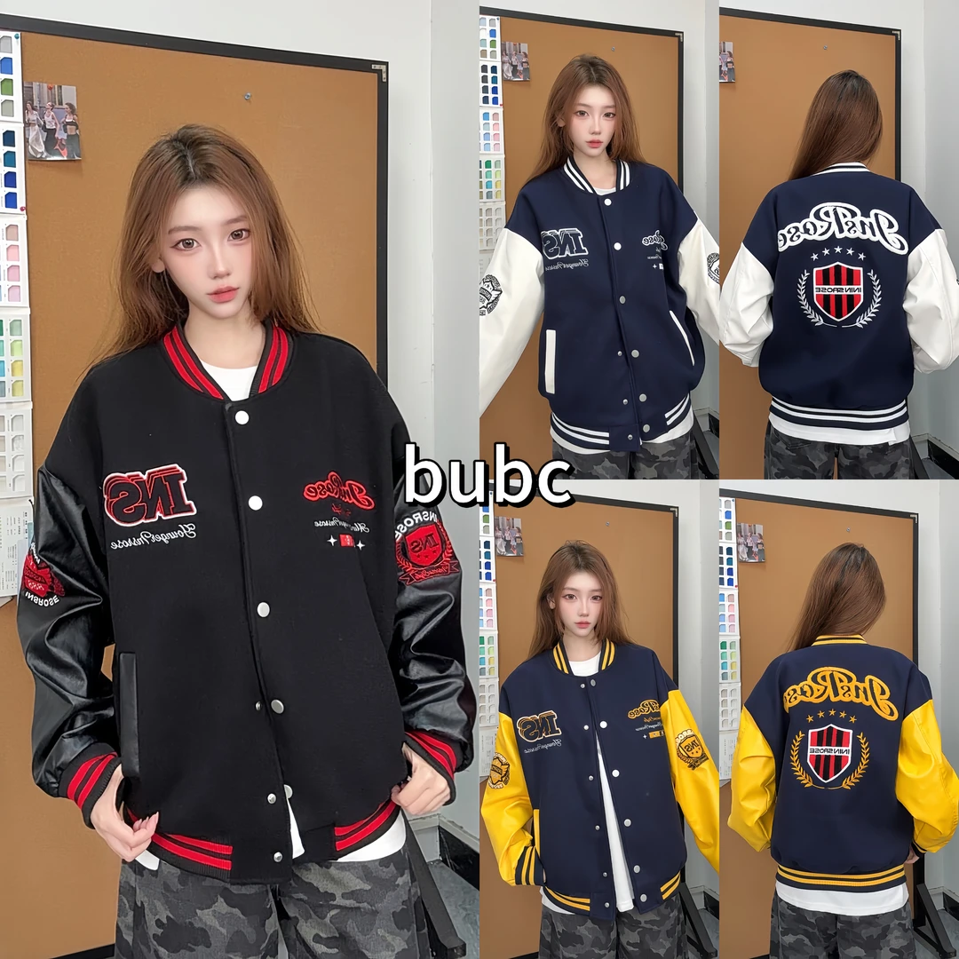 BUBC重磅刺绣图案休闲洋气慵懒风洋气男女同款情侣开衫外套棒球服