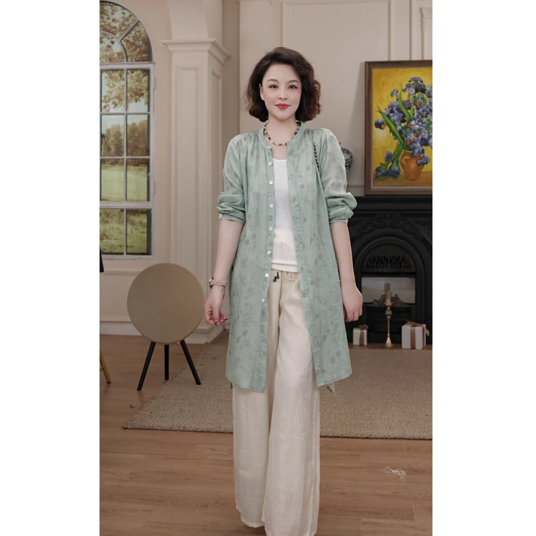 【橘猫美依】高端苎麻中长款小衫女时尚洋气2507