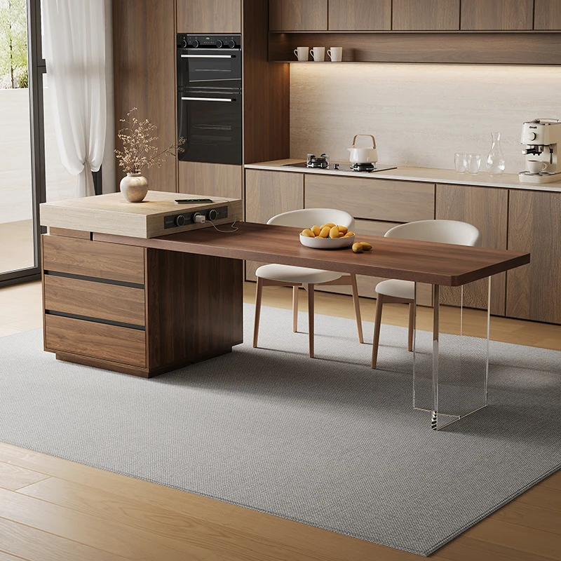 伊舟木纹岩板岛台家用餐桌中古风长方形悬浮亚克力餐桌意式饭桌