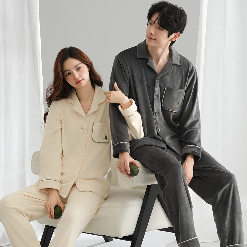 美韵岛 | 冬季新品情侣家居服加厚简约设计翻领开衫海岛绒睡衣