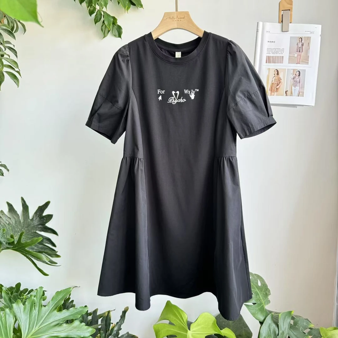 休闲高腰短袖夏季套头常规宽松连衣裙时尚裙子印花【223509】