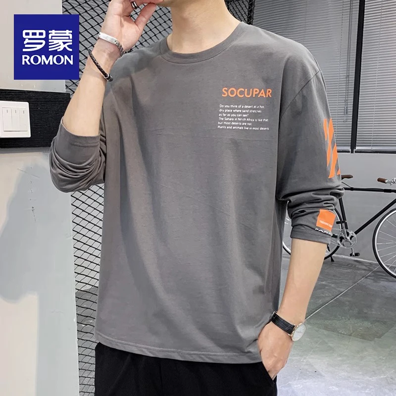 罗蒙长袖t恤男士春季2025新款高街潮流印花纯棉宽松百搭打底衫衣