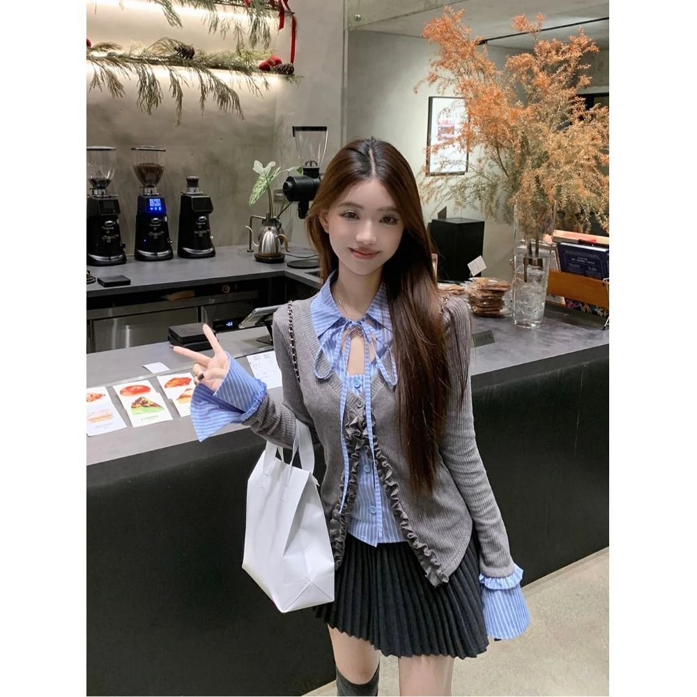 MR【原版做法】设计感短款假两件针织开衫春季学院风辣妹内搭上衣