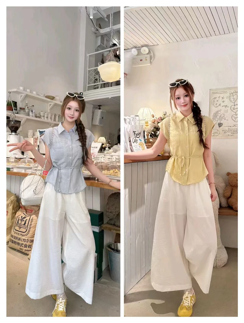 【素锦逸风】特！清！高级气质收腰衬衫+百搭高腰阔腿裤两件套 25066#