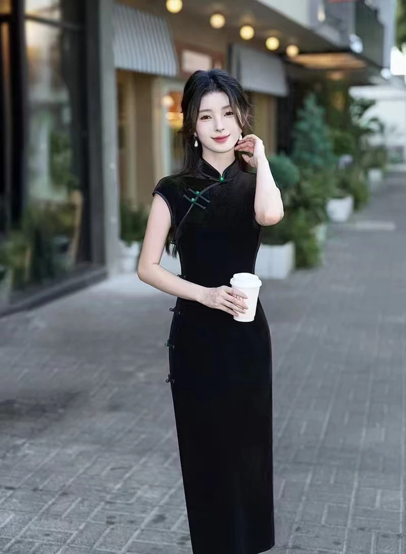 旗袍 长款 包肩 复古（衣长约125cm）黑美人 C560