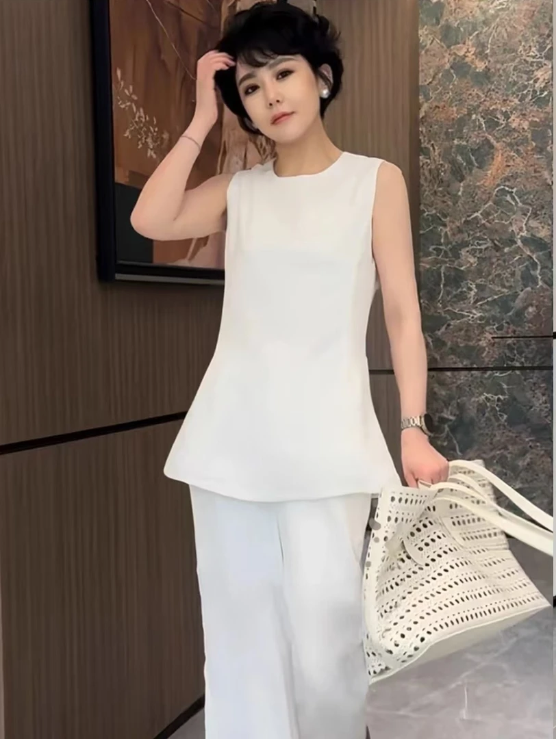 天丝亚麻简约夏季时尚通勤套装女上衣两件套显瘦背心极简风九分裤